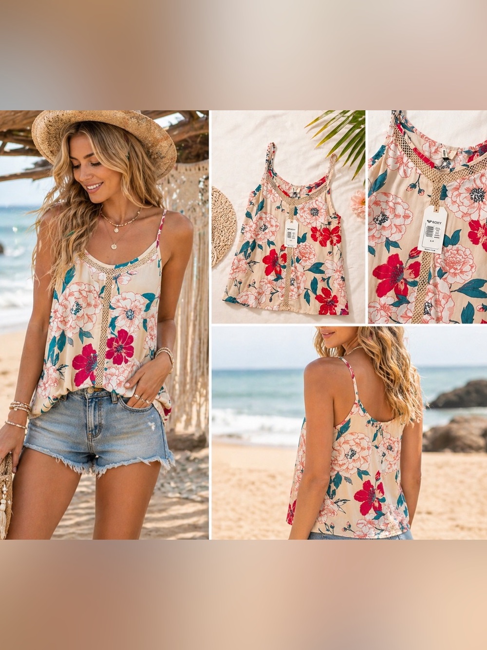 Roxy Beige Floral Crochet-Trim Camisole with Pink & Red Blooms